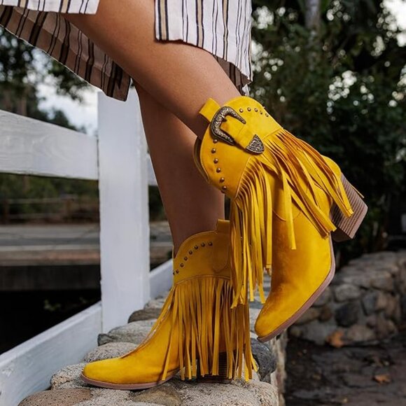 Women's Fringe Cowboy Cowgirl Boots Snip Toe Pull On Dress Western Ankle Bootie - Picture 1 of 5